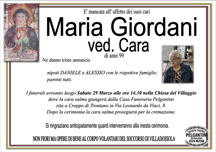 Maria Giordani ved. Cara di anni 99