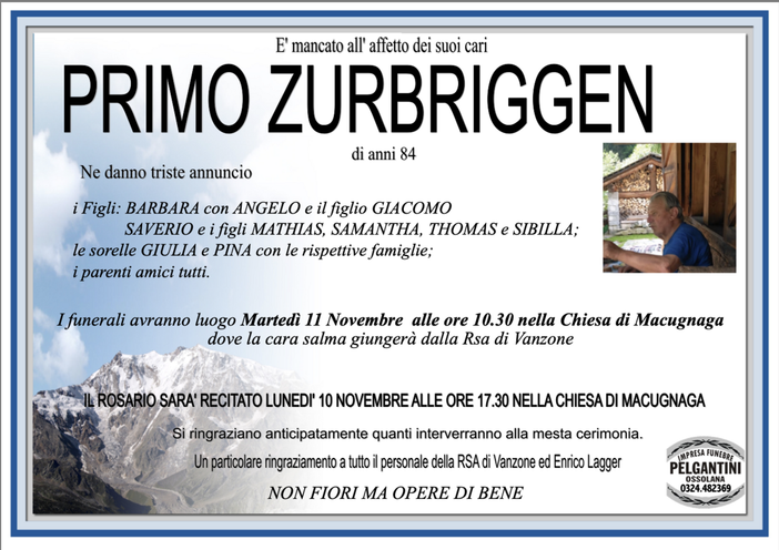 Primo Zurbriggen di anni 84
