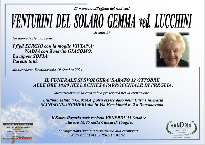 Venturini Del Solaro Gemma ved. Lucchini di anni 87