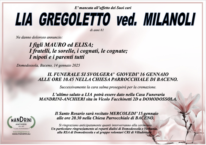 Lia Gregoletto ved. Milanoli di anni 81