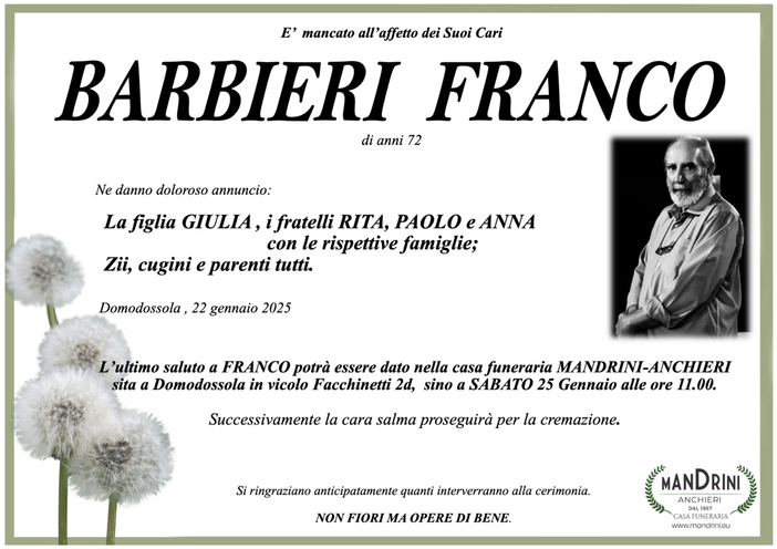 Barbieri Franco di anni 72