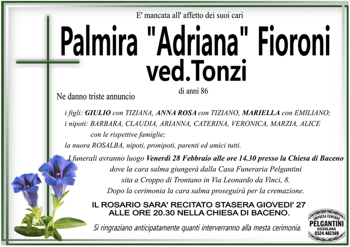 Palmira 'Adriana' Fioroni ved. Tonzi 86 anni