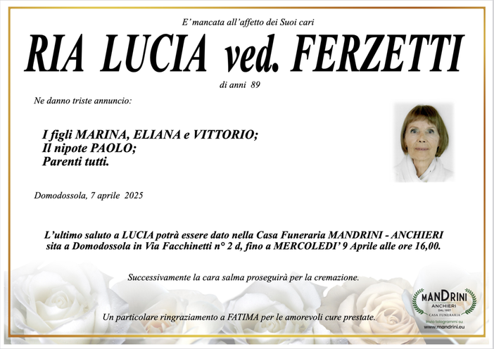 Ria Lucia ved. Ferzetti di anni 89