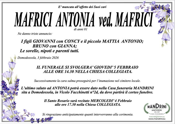 Mafrici Antonia ved. Mafrici di anni 81