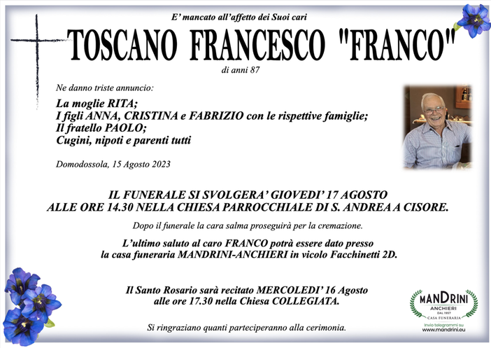 Tosca Francesco &quot;Franco&quot; di anni 87