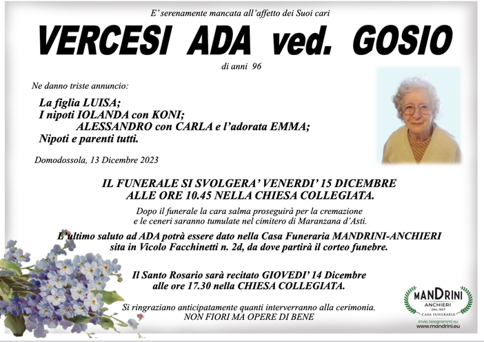 Vercesi Ada ved. Gosio di anni 96