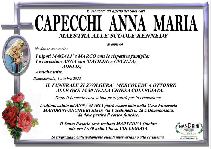Capecchi Anna Maria di anni 84 (Maestra alle scuole Kennedy)