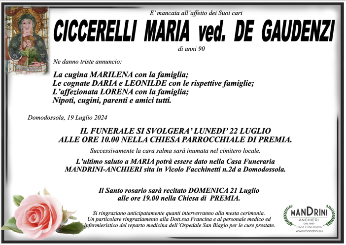 Ciccarelli Maria ved. De Gaudenzi di anni 90