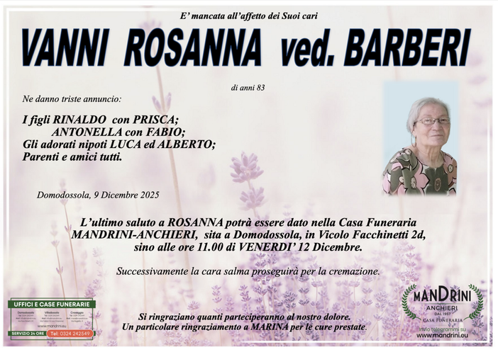 Vanni Rosanna ved. Barberi di anni 83