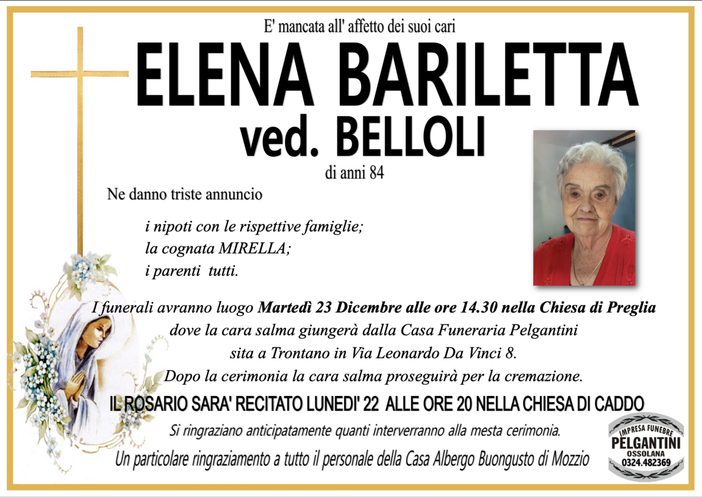 Elena Bariletta ved. Belloli di anni 84