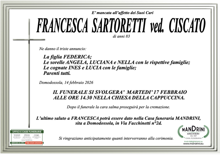 Francesca Sartoretti ved. Ciscato di anni 83