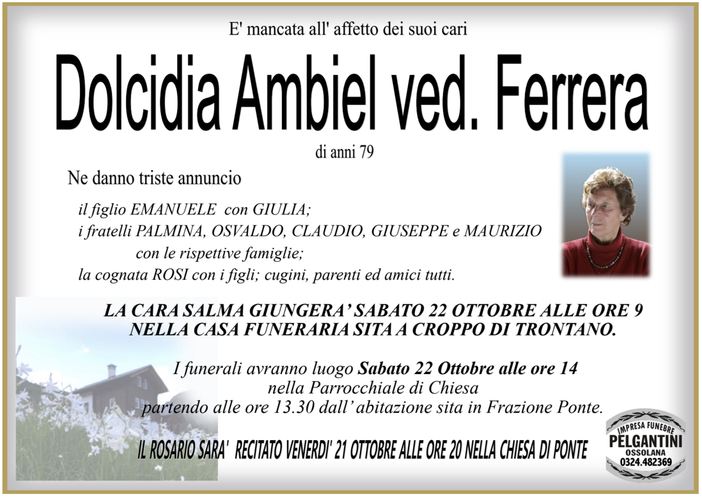 Dolcidia Ambiel ved. Ferrera di anni 79