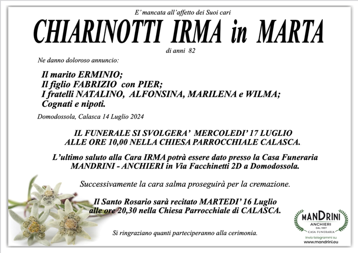 Chiaranotti Irma in Marta di anni 82