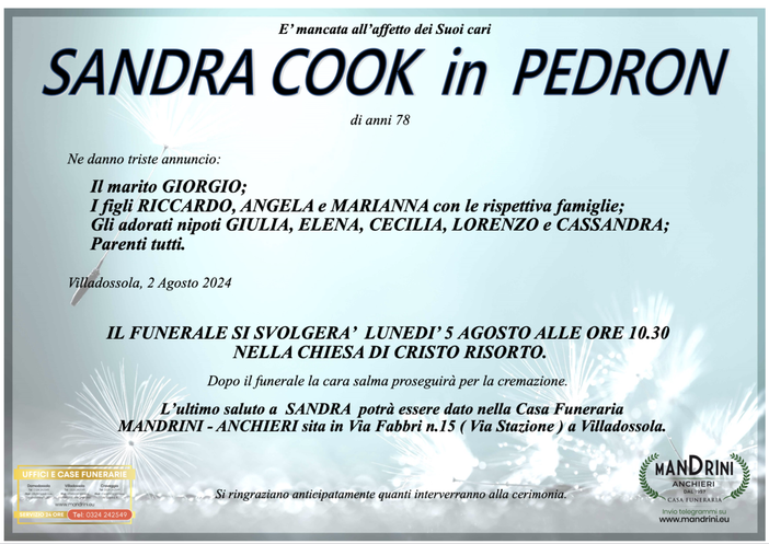 Sandra Cook in Pedron di anni 78