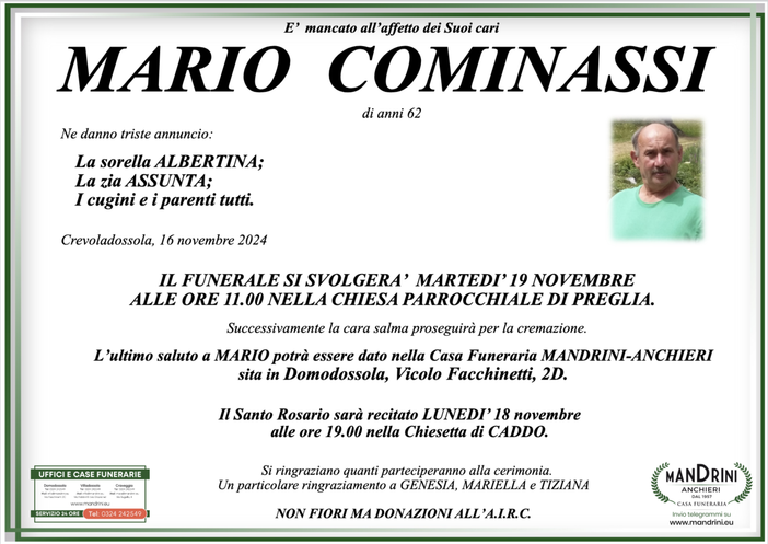 Mario Cominassi di anni 62