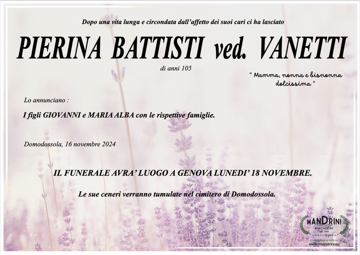 Pierina Battisti ved. Vanetti di anni 105