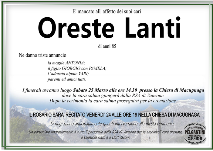 Oreste Lanti di anni 85