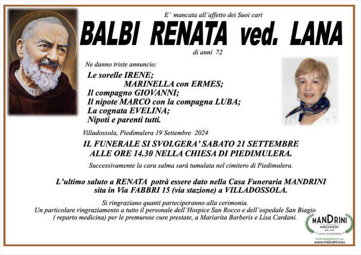 Balbi Renata ved. Lana di anni 72