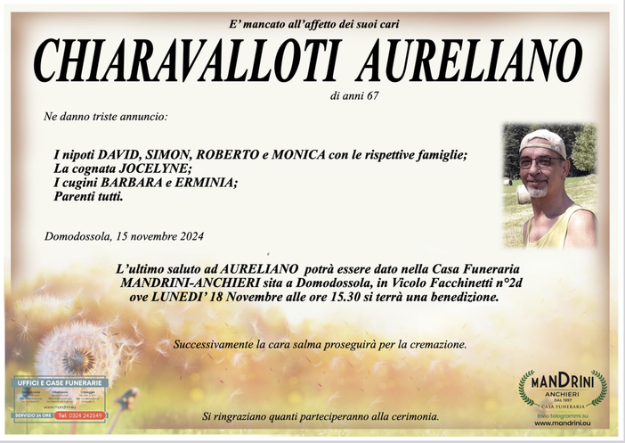 Chiaravallotti Aureliano di anni 67