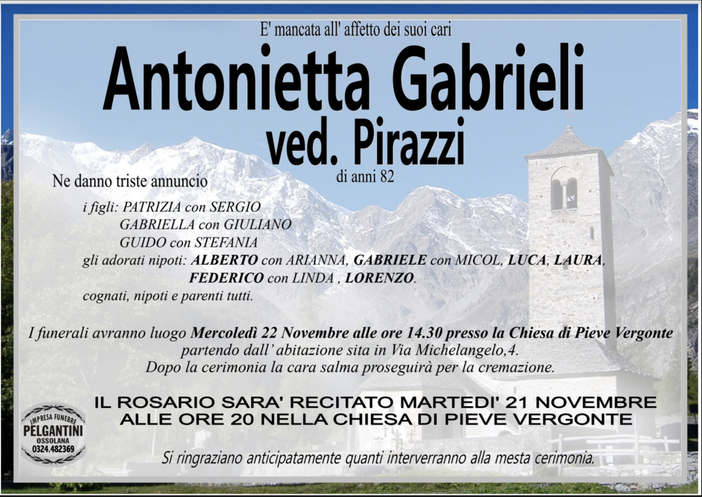 Antonietta Gabrieli ved. Pirazzi di anni 82