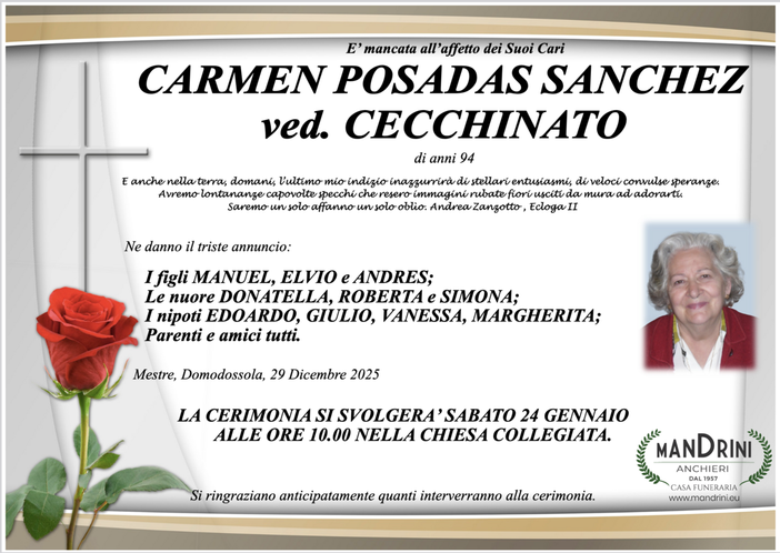 Carmen Posadas Sanchez ved. Cecchinato di anni 94