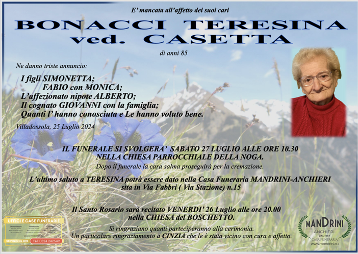 Bonacci Teresina ved. Casetta di anni 85