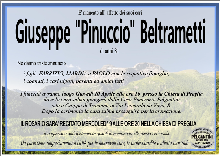 Giuseppe &quot;Pinuccio&quot; Beltrametti di anni 81