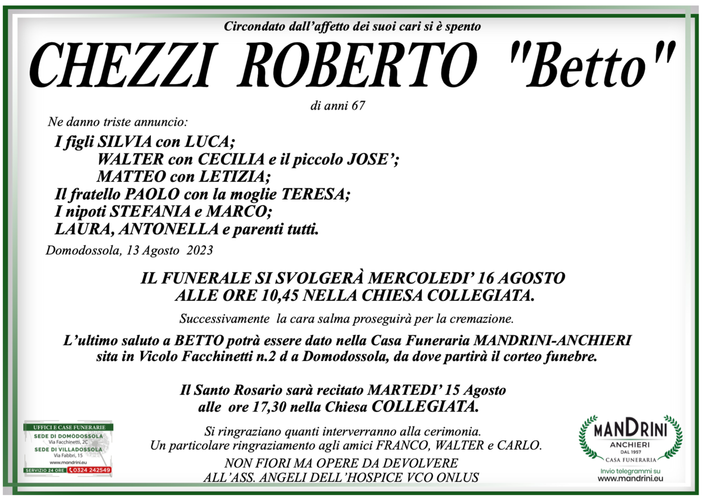 Chezzi Roberto &quot;Betto&quot; di anni 67