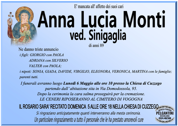 Anna Lucia Monti ved. Siniglia di anni 89