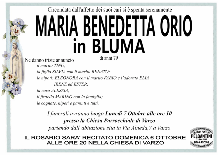 Maria Benedetta orio in Bluma di anni 79