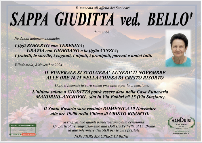 Sappa Giuditta ved. Bello' di anni 88