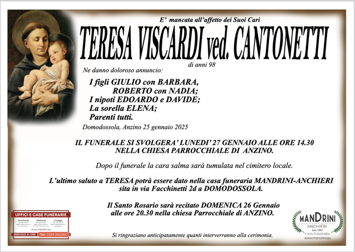 Teresa Viscardi ved. Cantonetti di anni 98