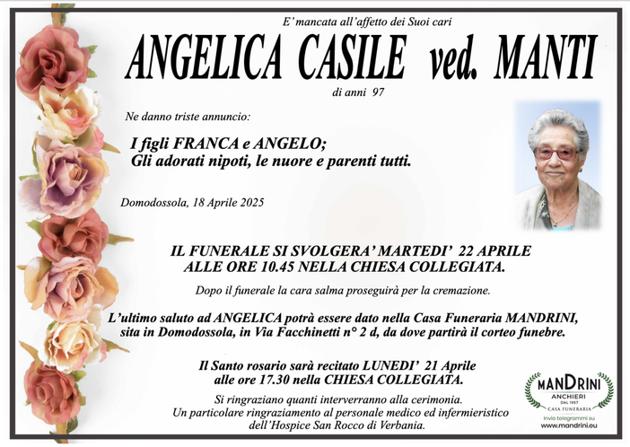 Angelica Casile ved. Manti di anni 97