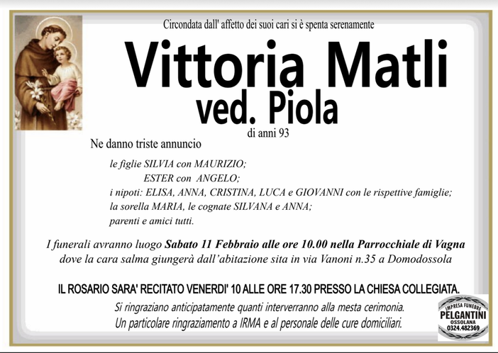 Vittoria Matli ved. Piola di anni 93