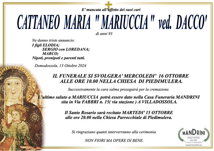 Cattaneo Maria "Mariuccia" ved. Daccò di anni 93