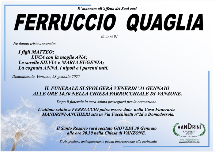Ferruccio Quaglia di anni 81