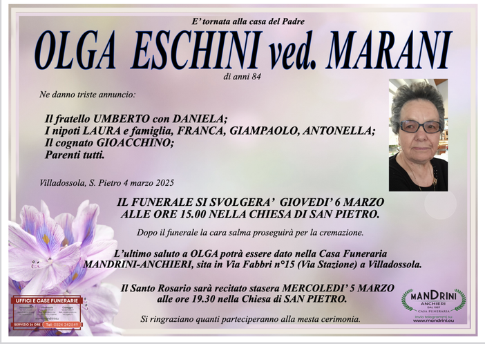 Olga Eschini ved. Marani di anni 84