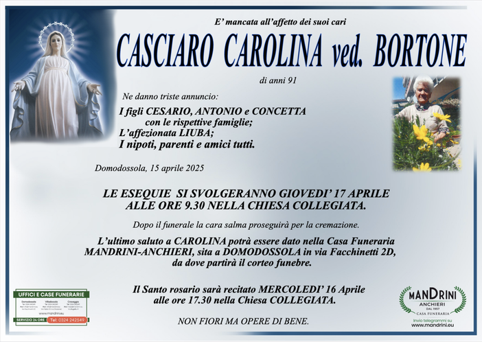 Casciaro Carolina ved. Bortone di anni 91