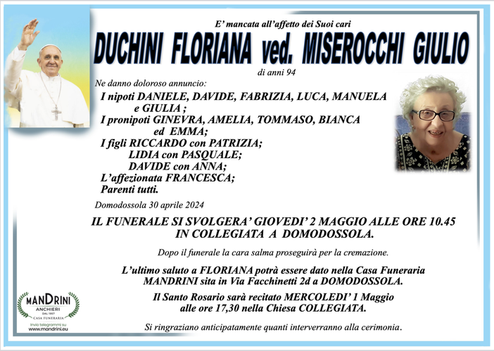 Duchini Floriana ved. Miserocchi Giulio di anni 94