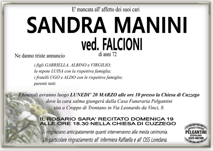 Sandra Manini ved. Falcioni di anni 72