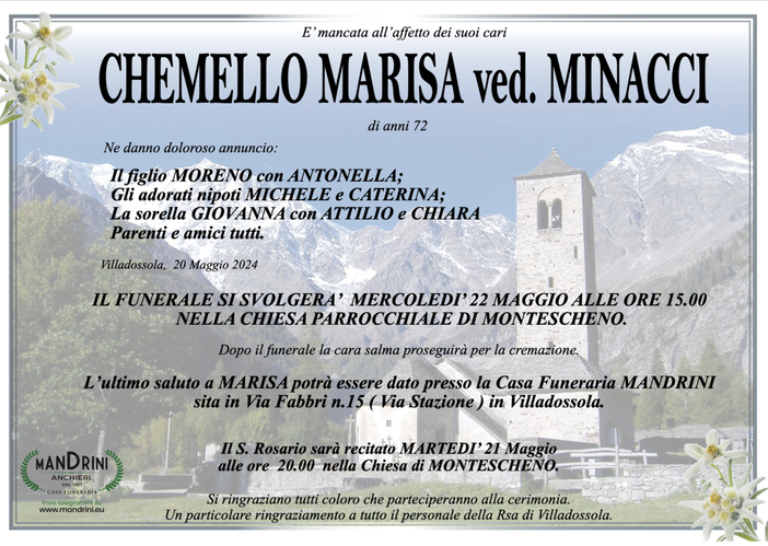 Chemello Marisa ved. Minacci di anni 72