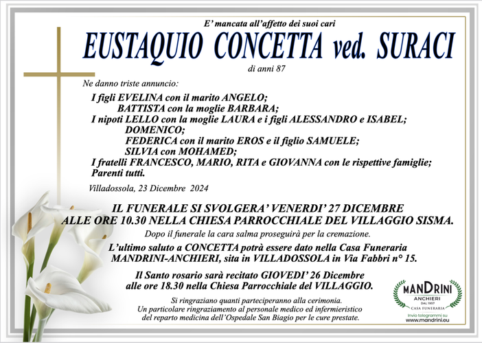 Eustaquio Concetta ved. Suraci di anni 87