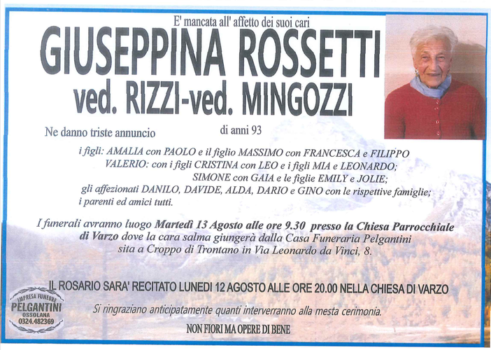 Giuseppina Rossetti ved. Rizzi ved. Mingozzi di anni 93