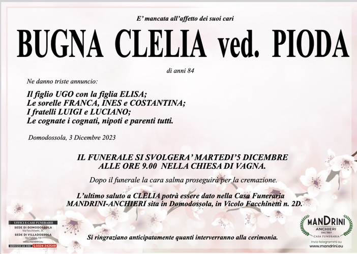 Bugna Clelia ved. Pioda di anni ved. di anni 84
