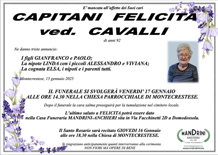 Capitani Felicita ved. Cavalli di anni 92