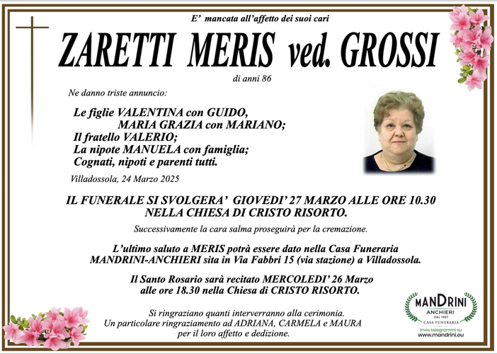 Zaretti Meris ved. Grossi di anni 86