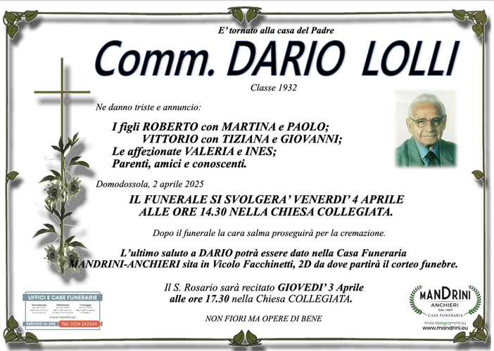 Comm. Dario Lolli di anni 93
