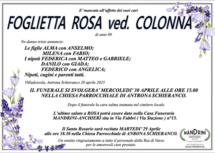 Foglietta Rosa ved. Colonna di anni 89