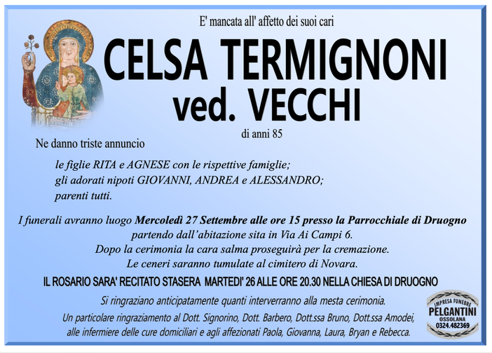 Celsa Termignoni ved. Vecchi di anni 85