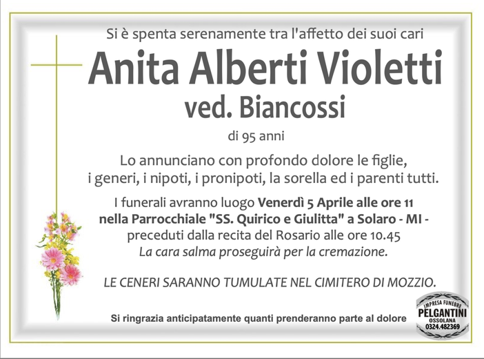 Anita Alberti Violetti ved. Biancossi di anni 95